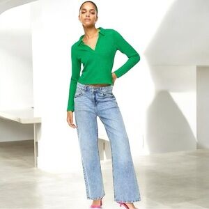 H & M Green V-Neck Collared Jersey Top